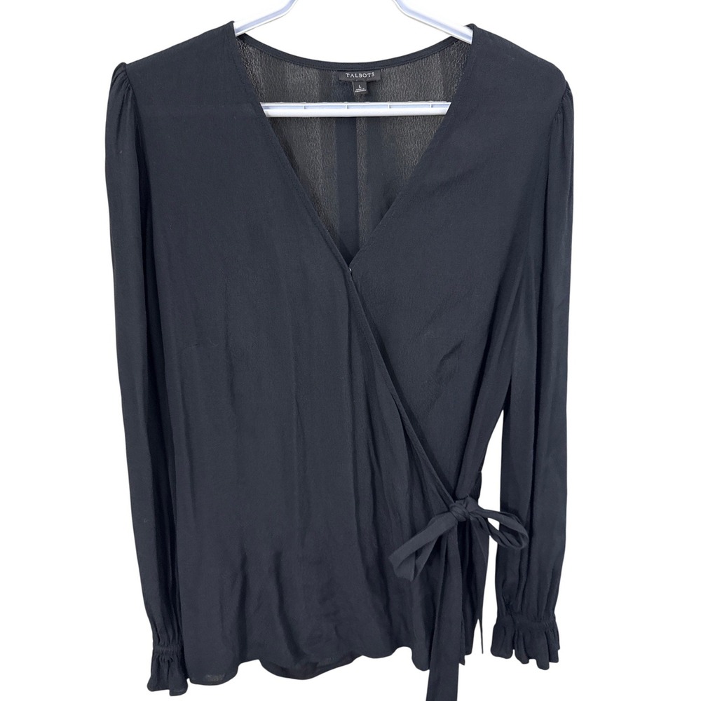Talbots Womens Black Long Sleeve Wrap Shirt V-Neck Ruffle Cuff Blouse Size L